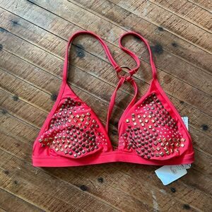 BKE brass studded red strappy L festival sexy bikini top